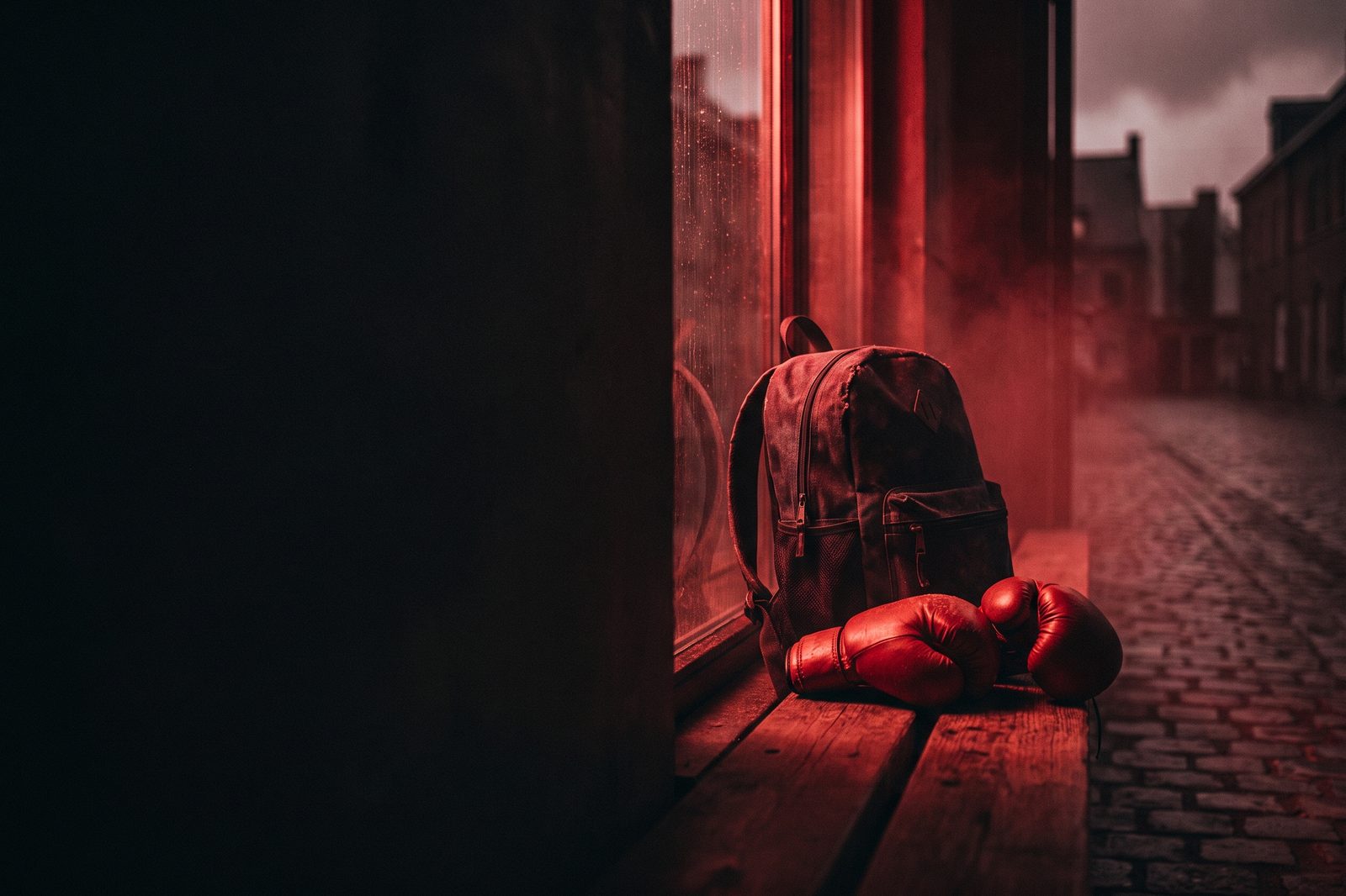 A school backpack and small boxing gloves on a bench on a rainy afternoon, after school programs south surrey