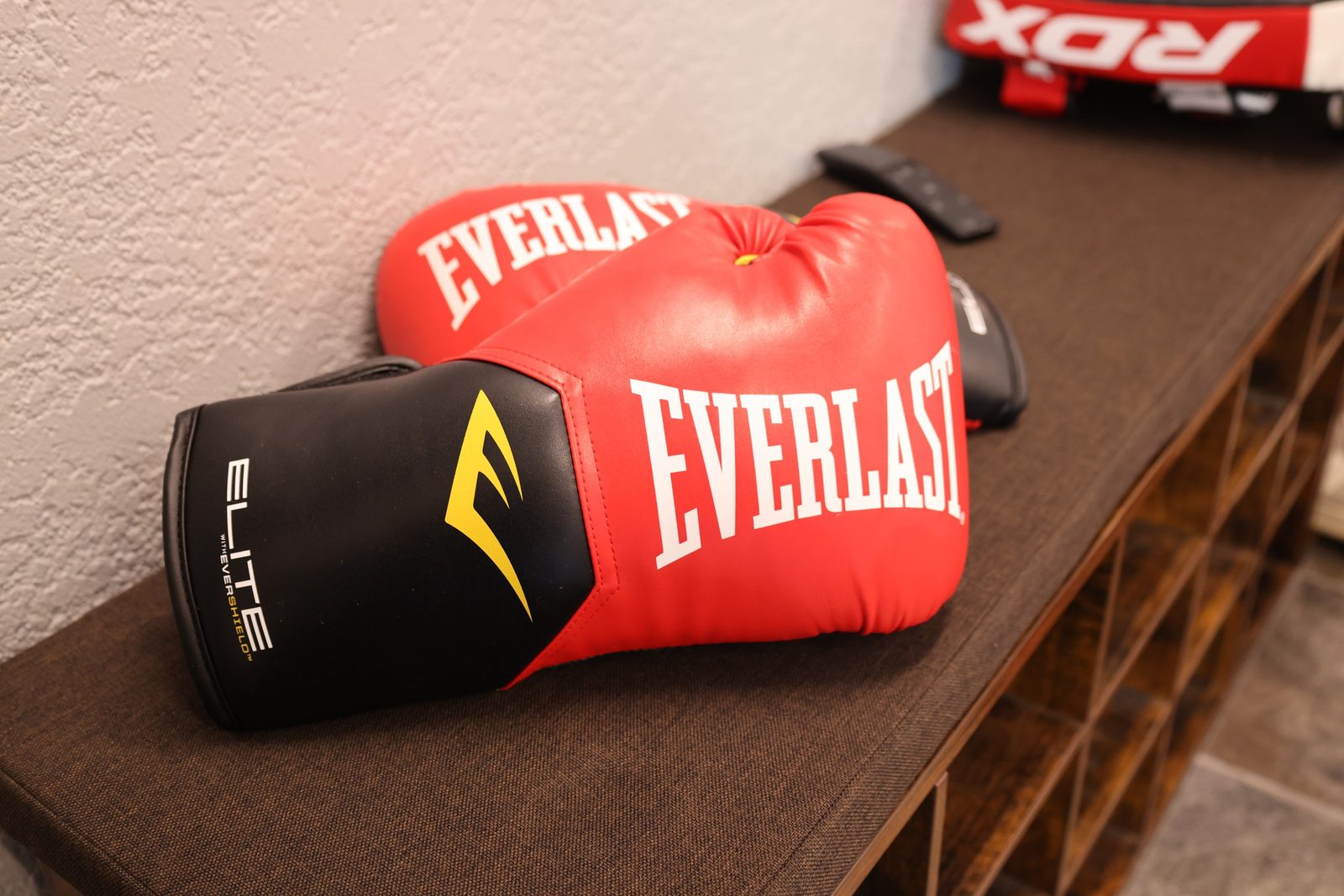 Boxing gloves set out on the bench before training at Kingdom Athletics