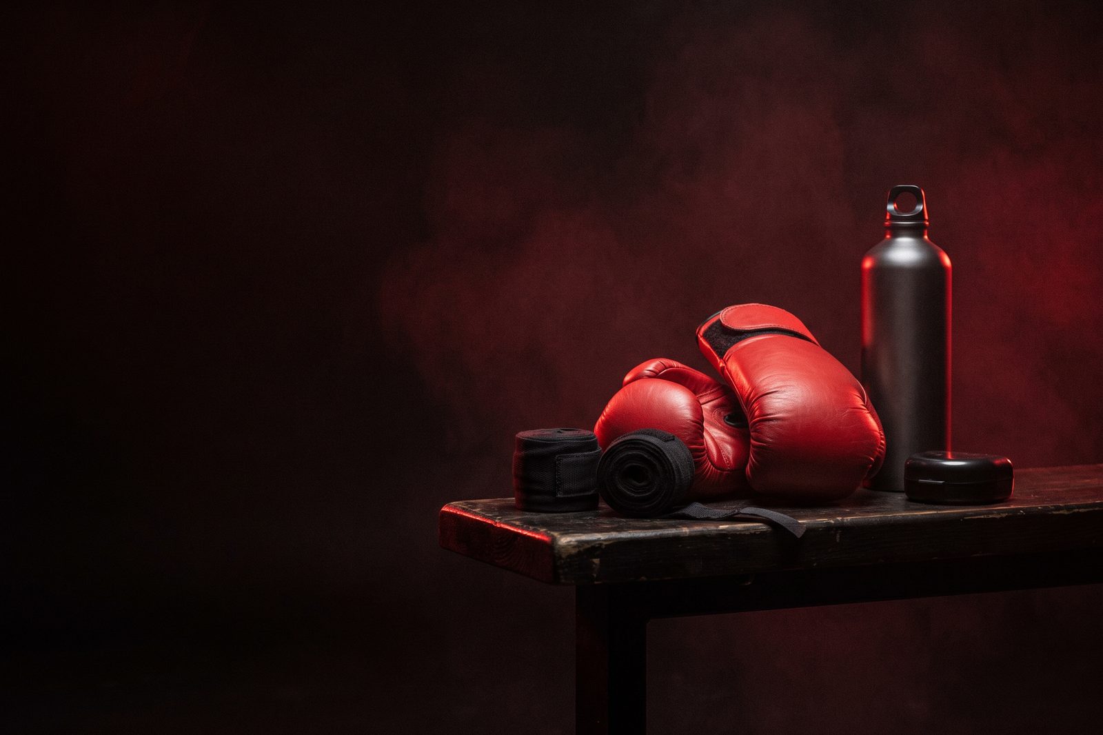 Youth boxing gloves, hand wraps and a water bottle ready for class